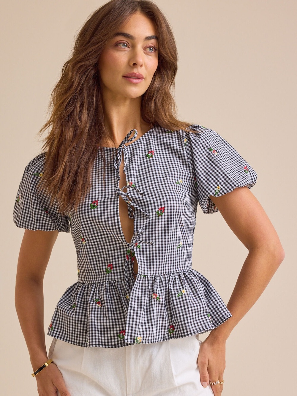 Altar’d State Laine Gingham Embroidered Top